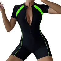 Female Summer One-piece Solid Color Patchwork Flat Angle Short Sleeved Zippered Swimsuit Sun Protection Quick-Drying Swimwear - Image 2