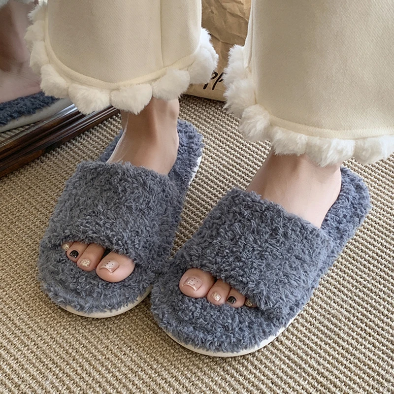 2025 Simple Faux Fur House Slippers Women Indoor Open Toe Non Slip Fluffy Slides Woman Comfort Soft Sole Warm Home Shoes Feamle