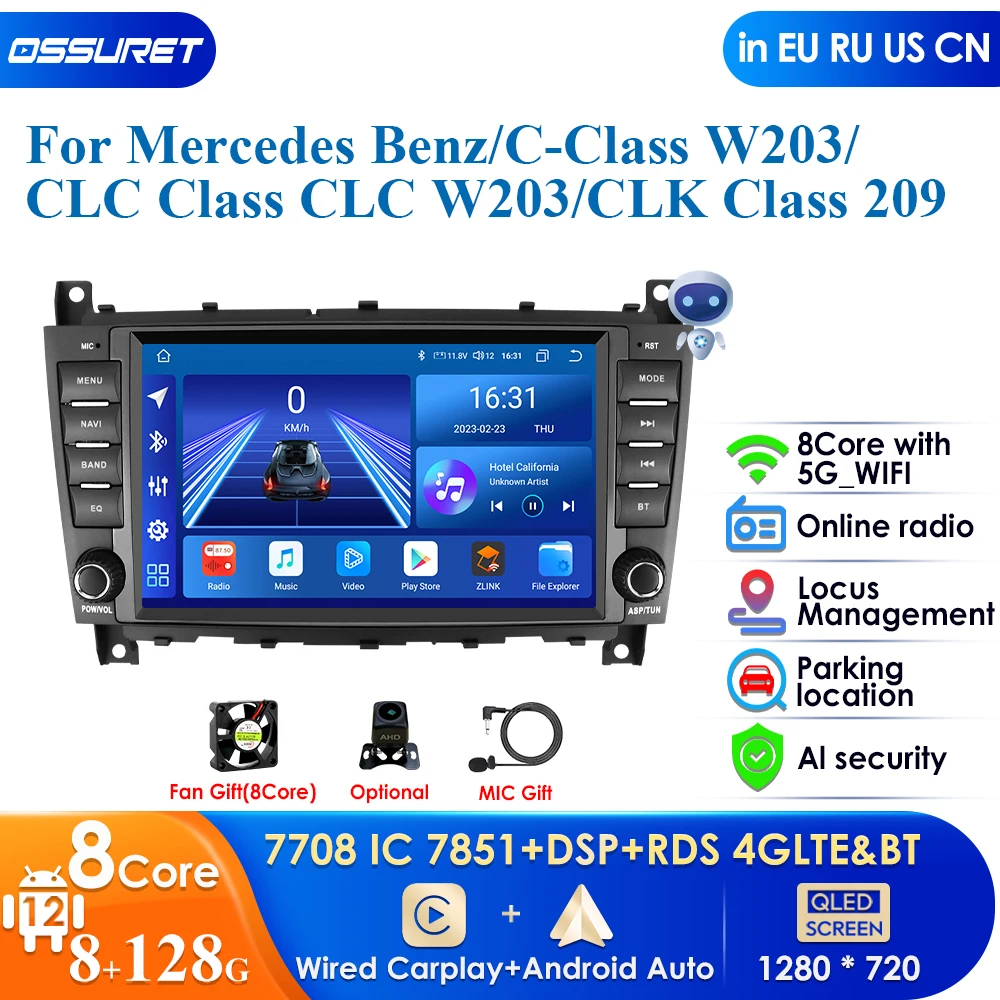 

Carplay 4G 2Din Android 12 Car Multimedia Player For Mercedes Benz CLC W203 C-Class C180 C200 CLK200 CLK W209 GPS RDS AutoRadio