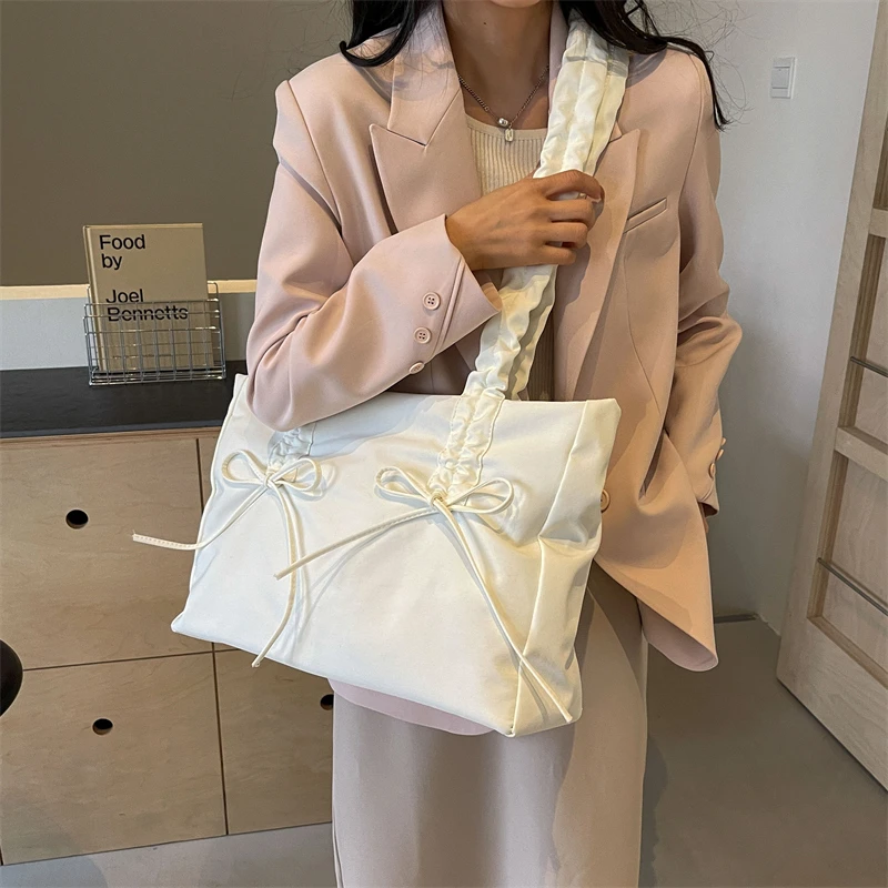 Bow Design Y2K Solid Color Soft Cloth Design Shoulder Bags for Women 2024 Korean Fashion Female Shopper Shopping Handbags