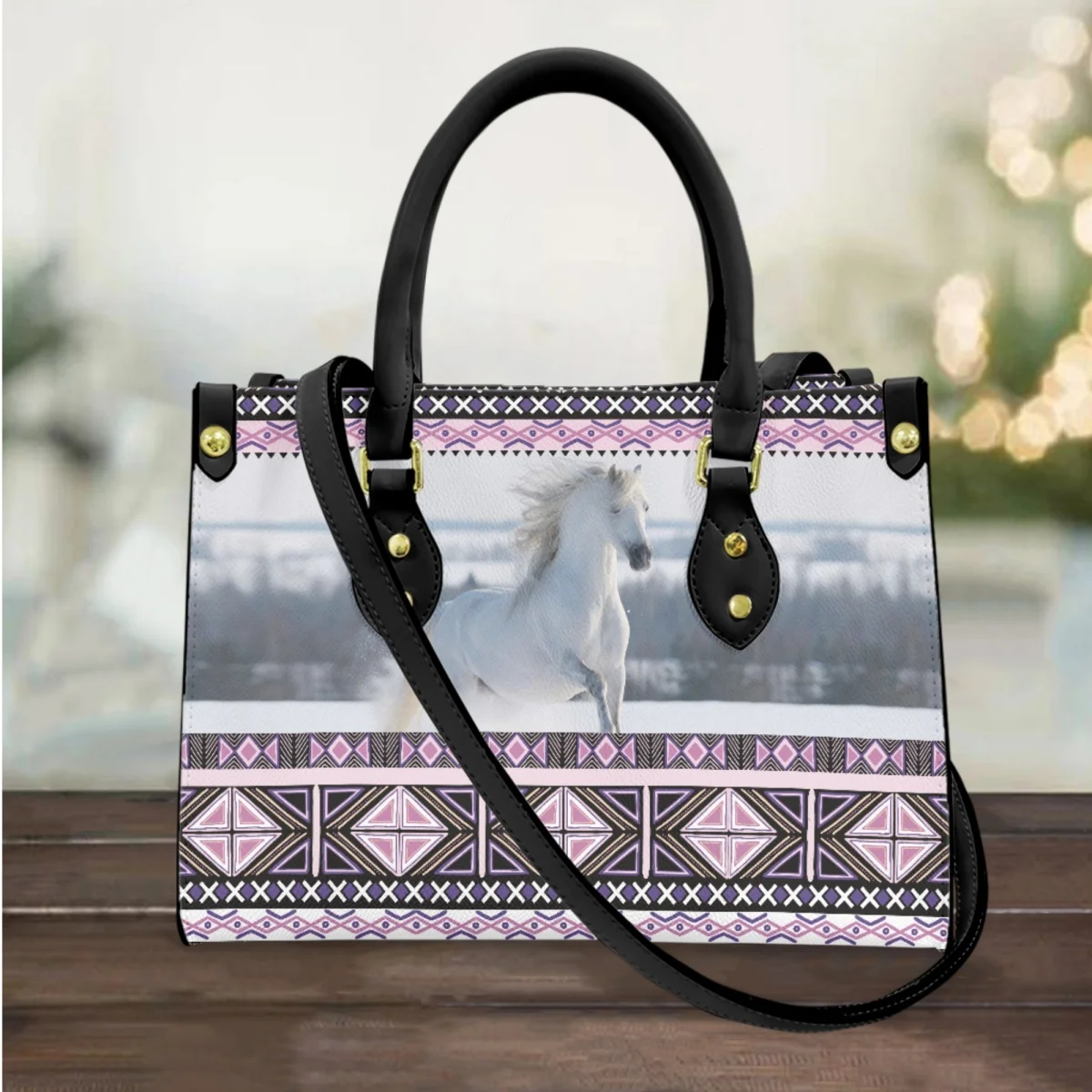 

FORUDESIGNS Abstract Tribal Pattern Woman's Leather Crossbody Bag Galloping Horse Print Handbag Casual for Ladies Elegant Totes