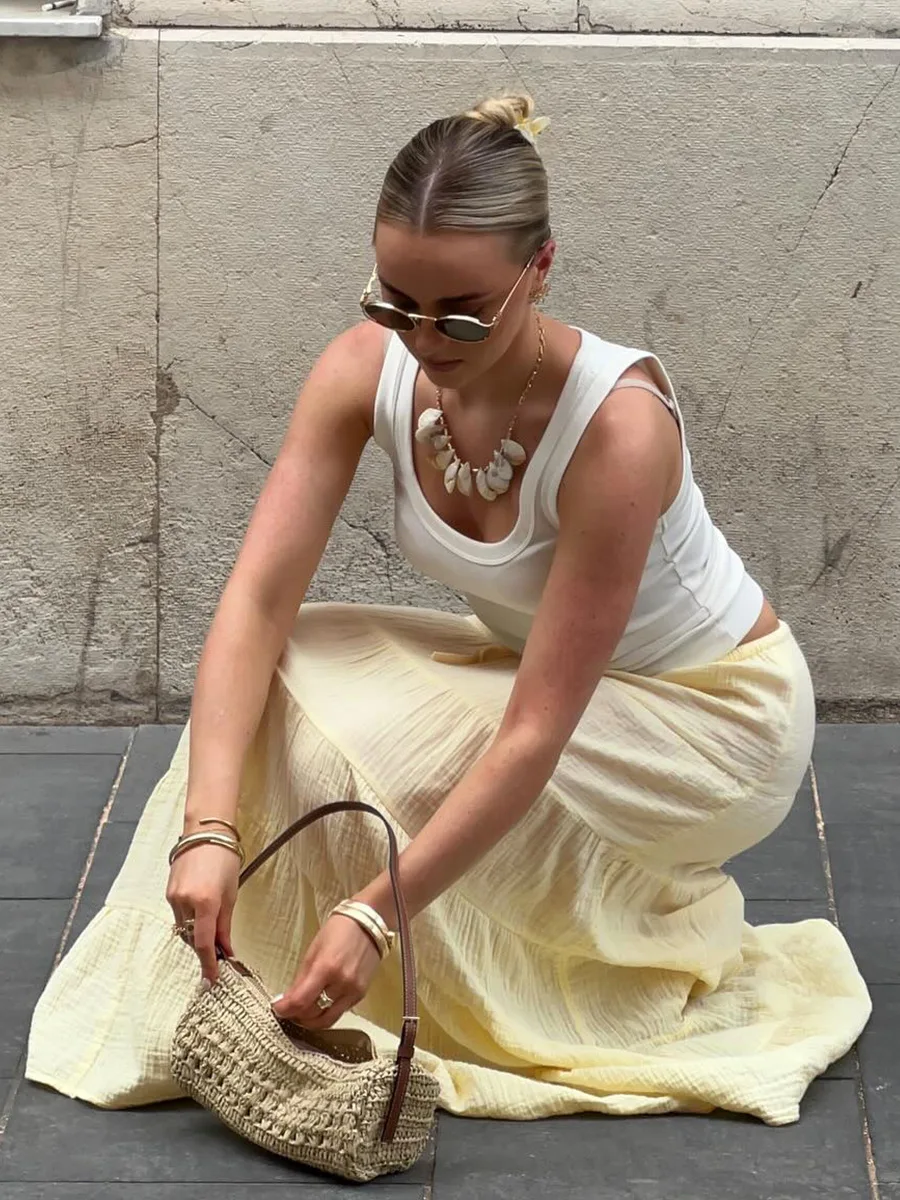 Bornladies 2026 Summer New Women's Yellow Low-Waist Tiered Midi Skirt Lightweight Relaxed Casual Paneled Long Skirt