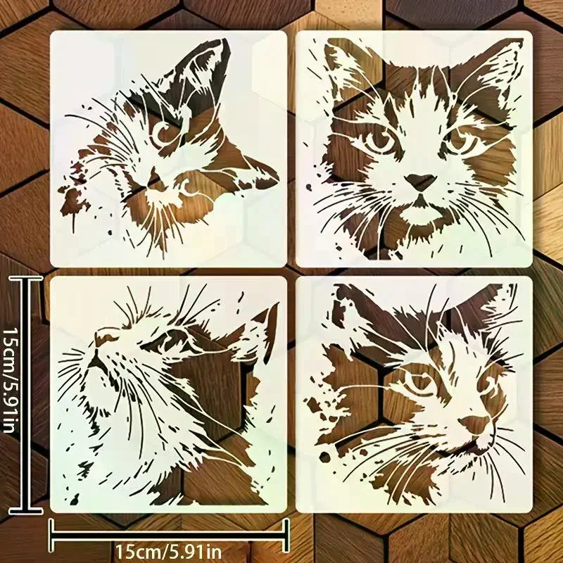 4개/세트 고양이 그림 스텐실, 귀여운 새끼 고양이 패턴이 있는 재사용 가능한 속이 빈 DIY 몰드, 나무 간판, 벽, 저널에 적합