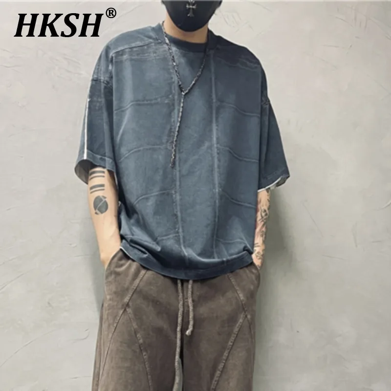 

HKSH Men's Punk Niche High Sense Retro Distressed Waste Land Patchwork Tees Vintage Summer Chic Trend Cotton Tide T-shirt HK0919