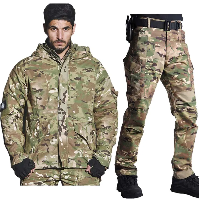 de combate táctico de camuflaje hombre, chaqueta + Pantalones impermeables, traje de caza de gruesa, cortavientos con capucha, trajes militares de campo -
