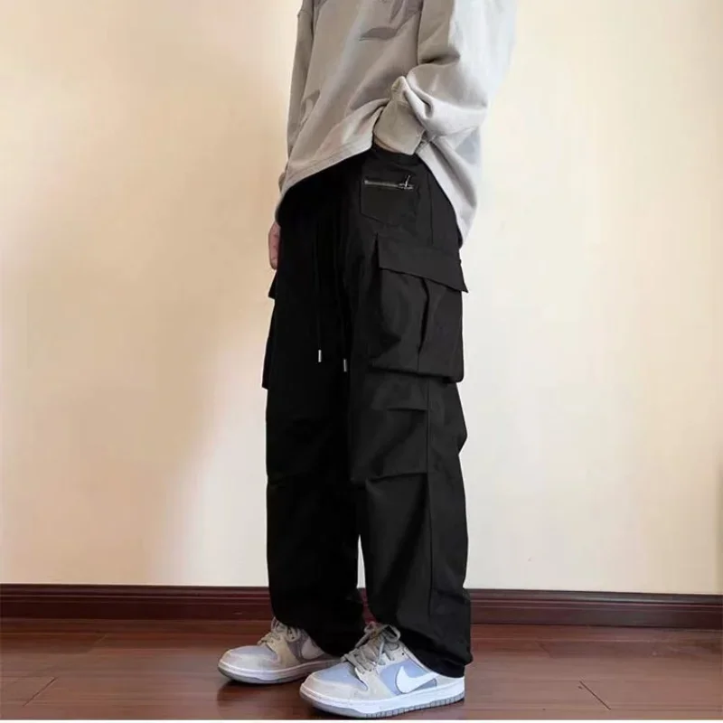 

New Overalls Men's Spring Summer Retro High Street Casual pants Large Pocket Trousers Loose Straight Tube Draped Wide-leg Pants