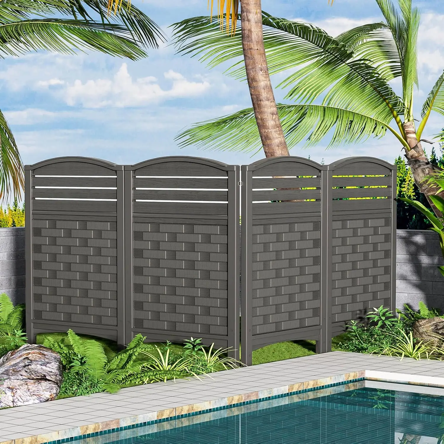 Air Conditioner Fence Privacy Screen,Resin Outdoor Privacy Vinyl Fence,4 Panels Pool Equipment Enclosure with Metal Stake