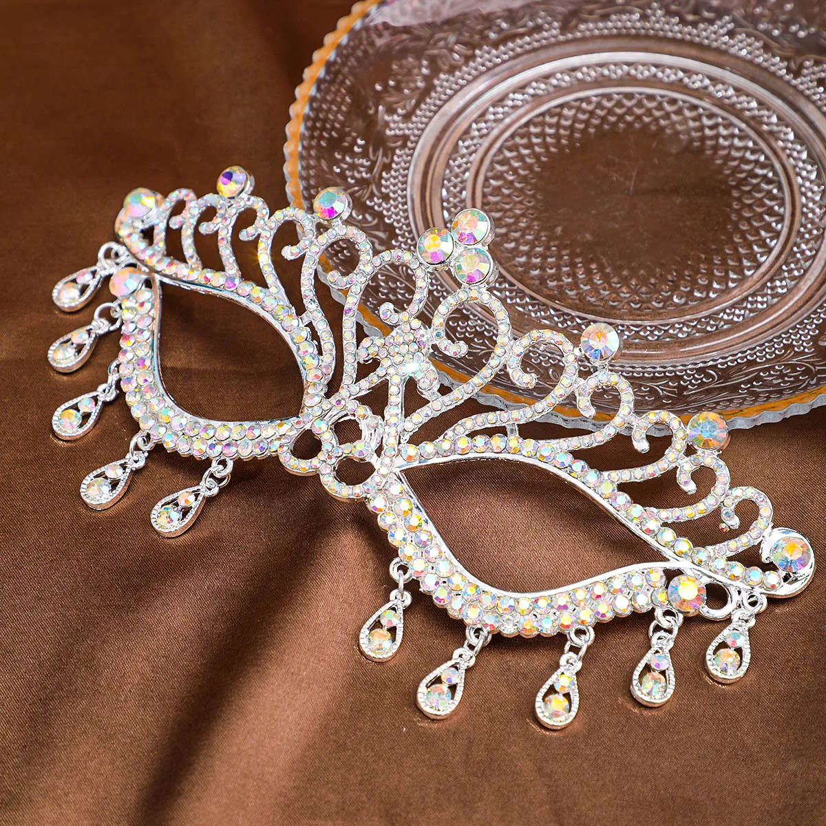 신부 가장 무도회 무도회 마스크, 머리 장식, 웨딩 파티 쥬얼리, 라인석 술 얼굴 마스크, 연회 원피스 액세서리