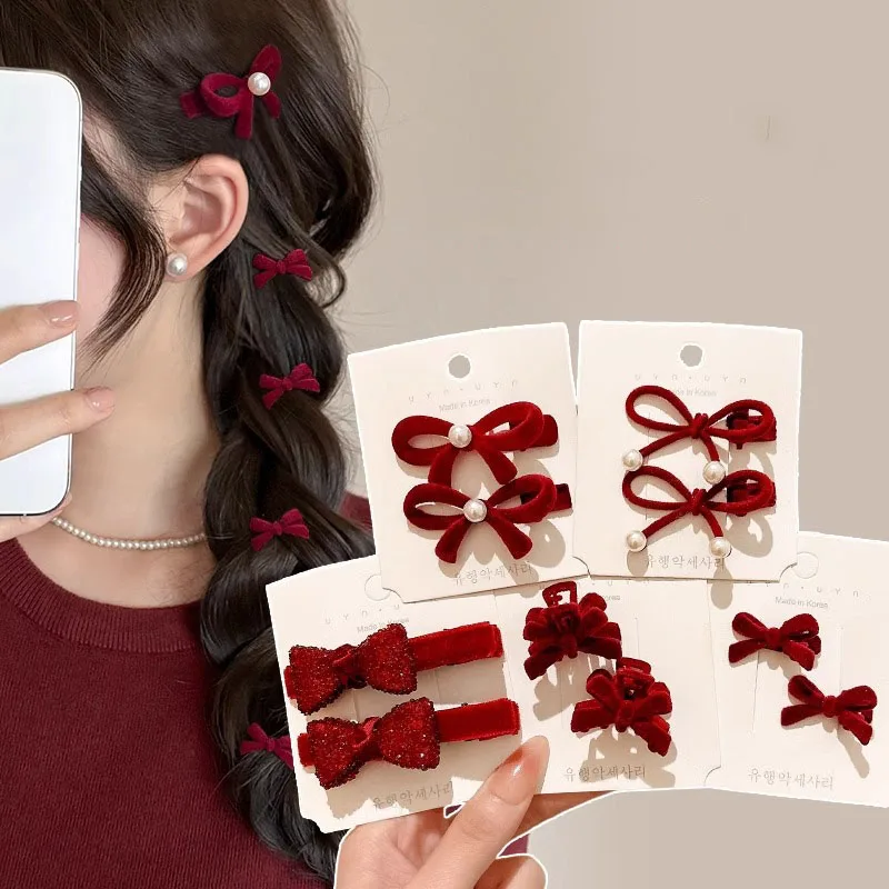 2 Stück/Set Niedliche kleine rote Samt-Haarspangen mit Schleife für Damen und Mädchen, süße seitliche Haarspangen, Haarklammern, modische Haar-Accessoires
