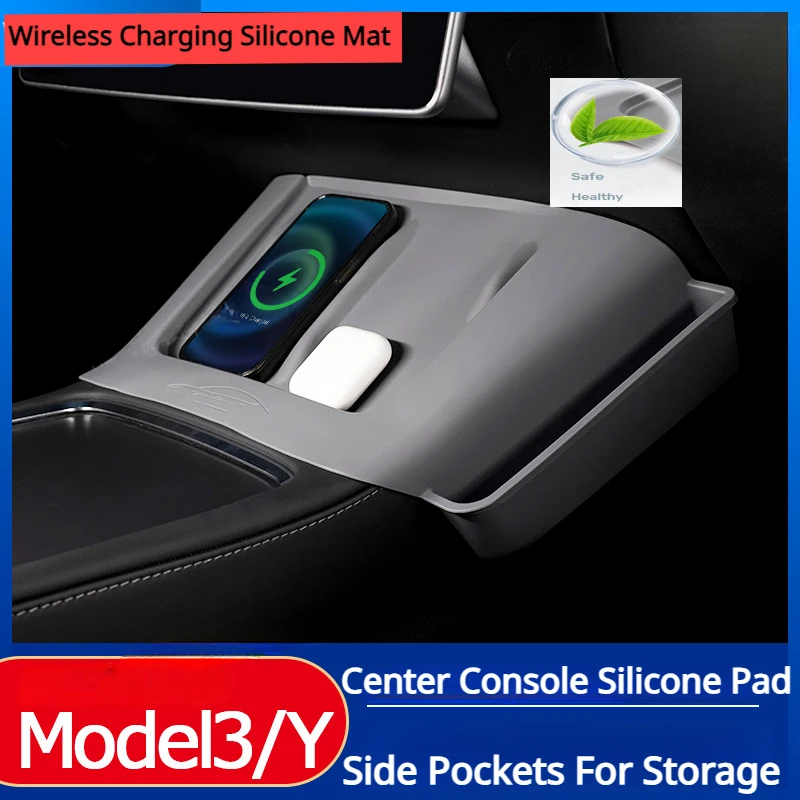 

Newest For Tesla Model 3/Y 2021-2023 Center Console Wireless Charging Silicone Mat With Side Storage Pocket Non-Slip Mats Tray