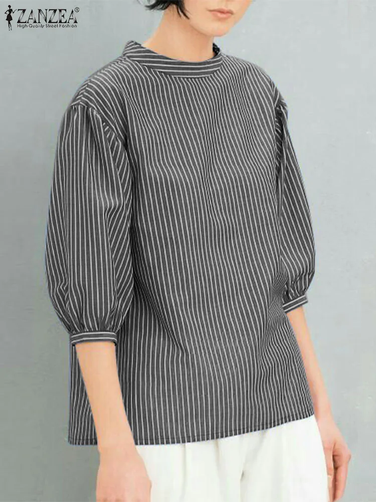 

ZANZEA Woman Fashion Tops Summer Stripe Printed Blouse Stand Collar 3/4 Sleeve Work Shirt Female Elegant Loose Blusas Oversized