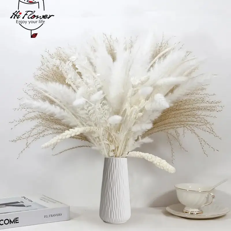 

White Pampas Grass Dried Flower Bouquet boho Home room Decor Natural Floral bunny rabbit tail Wedding Christmas table Decoration
