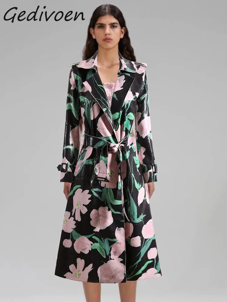 

Gedivoen Summer Fashion Designer Leather Long Trench Coat Women's Turn-Down Collar Cardigan Frenulum Vintage Print Trench Coat