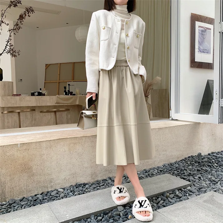 

2023 Women Autumn and Winter Leather Skirt A Line High Waist Oversized Pleated Woman Fashionable s H896