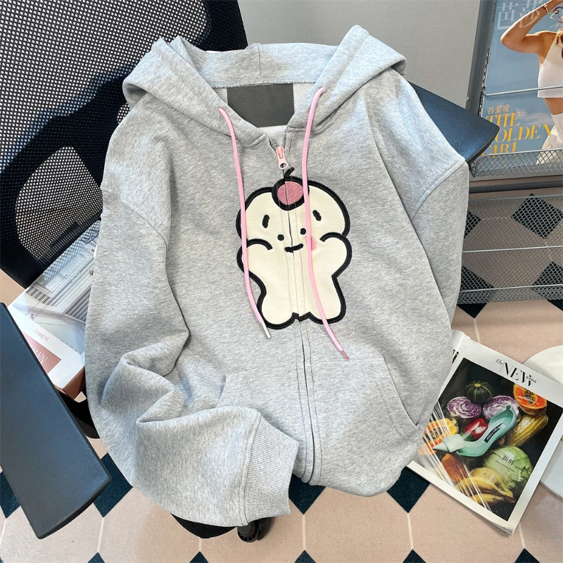 

Women's Spring Autumn Thin Hooded Hoodies Cartoon Embroidery Loose Cardigans Korean Style Casual Drawstring Oversized Outerwear