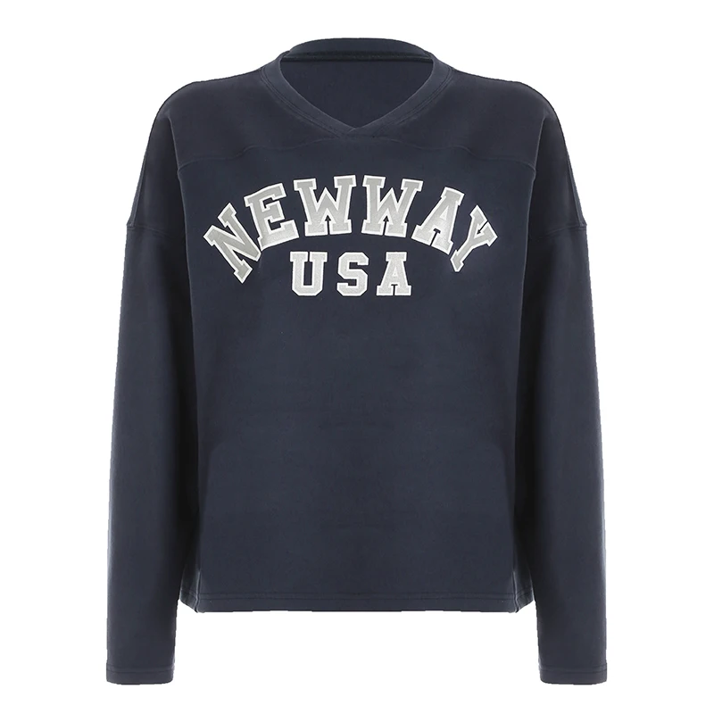 Sudadera Y2K con cuello en V para mujer, estampado de letras, estilo preppy, azul oscuro, manga larga, ropa de calle de invierno, jerséis informales