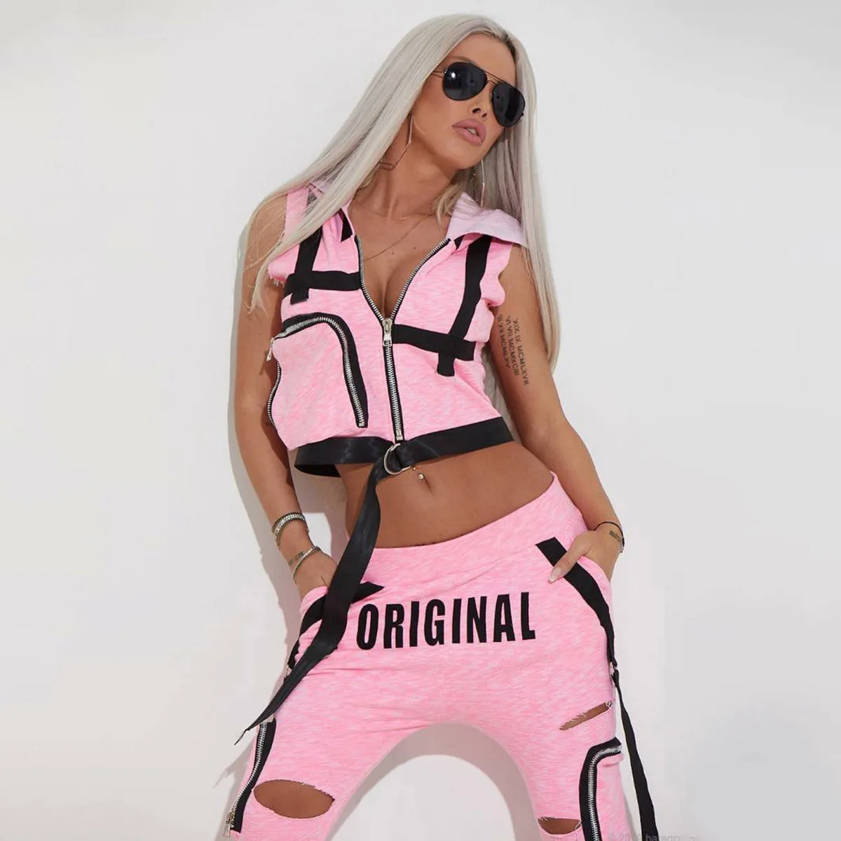 Krismile Fashion Hooded Zipper Sleeveless Vest&Letter Print Hole Pants Two Pieces Set Spring Summer Casual Sportsuits For Women
