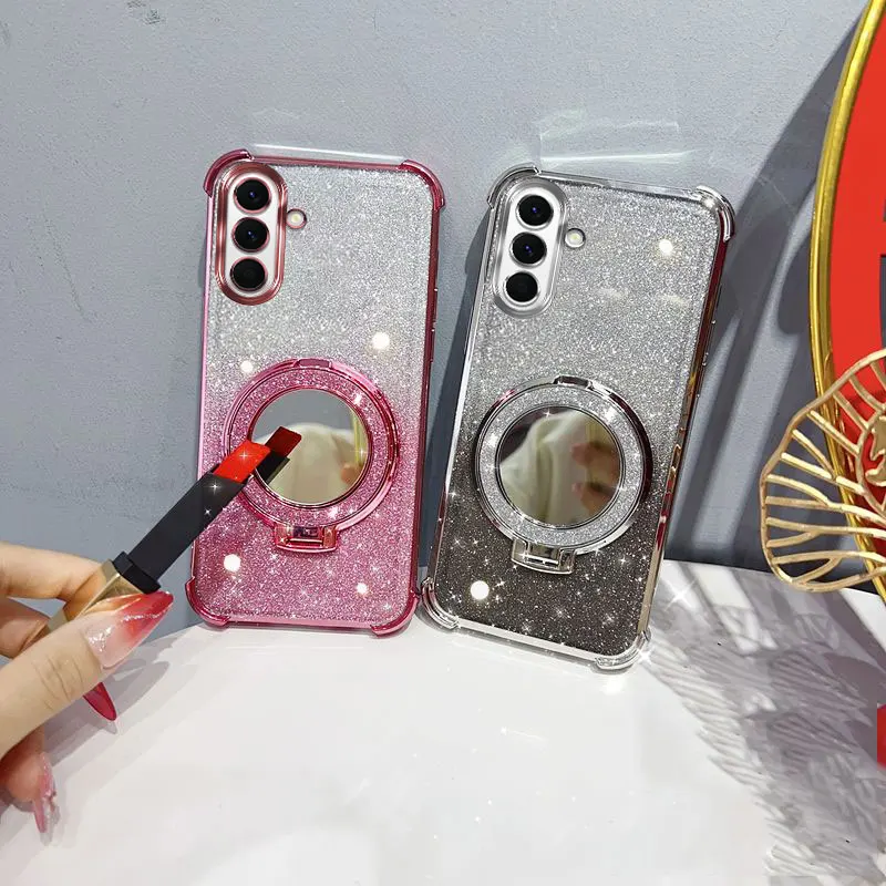 Glitter Four-Corner Shockproof Phone Case with Mirror Stand and Beaded Strap