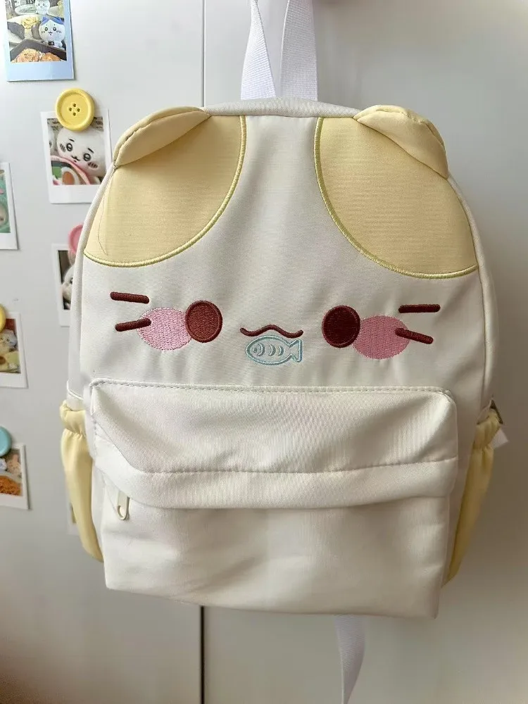 Women's Lovely Waterproof Nylon Backpack with Cartoon Cat Eat Fish Design Schoolbag for Girls with Stitch Detail Book Bag