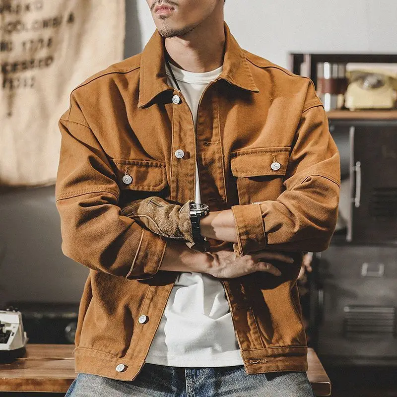 American Vintage Suede Thickened Lapel Baseball Coat Men's Autumn Winter Solid Embroidery Button Pockets Trendy Versatile Jacket