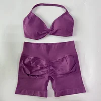 Ensemble de yoga sans couture froncé pour femme, 2 pièces : soutien-gorge de sport à bretelles et short de gym, tenue de fitness halter pour l'entraînement, vêtements de sport 4