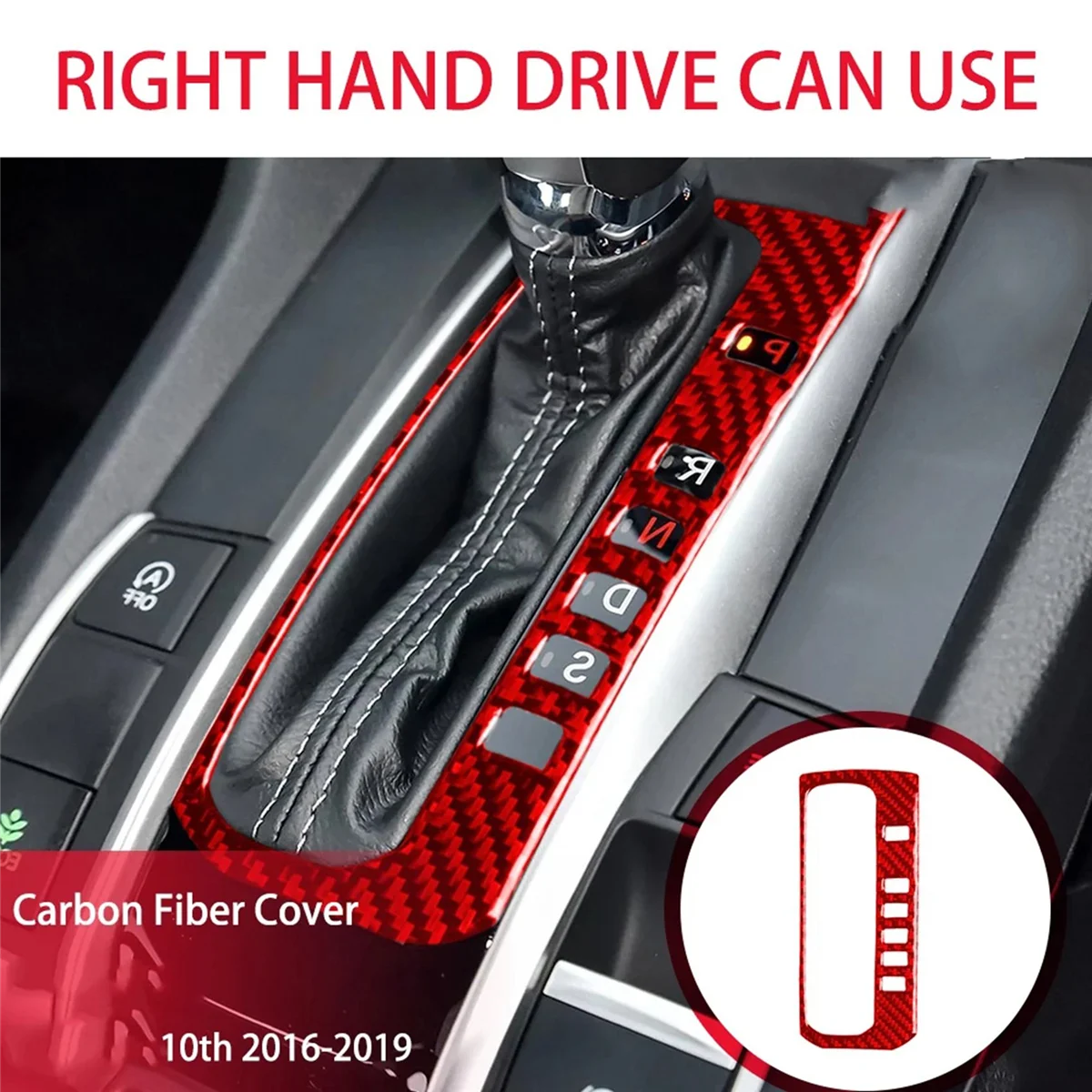 

ABS Red Carbon Fiber Gear Shift Panel Cover Trim Decor Sticker for Honda Civic 10Th Gen 2016 2017 2018