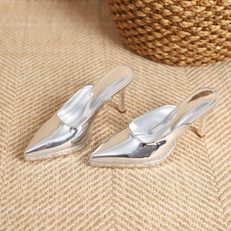 Summer High Heels Sandals Women Metallic Patent Leather Sandals Designer Ladies Slides Gladiator Sandals Shoes Zapatos De Mujer