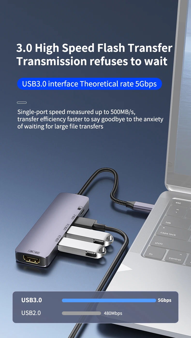 5-in-1 Typ-C Multifunktions-Dockingstation HD 4K@60Hz USB 3.0 USB 2.0 5Gbps Splitter-Hub PD 100W Schnellladung für PC Laptop – Detail 2