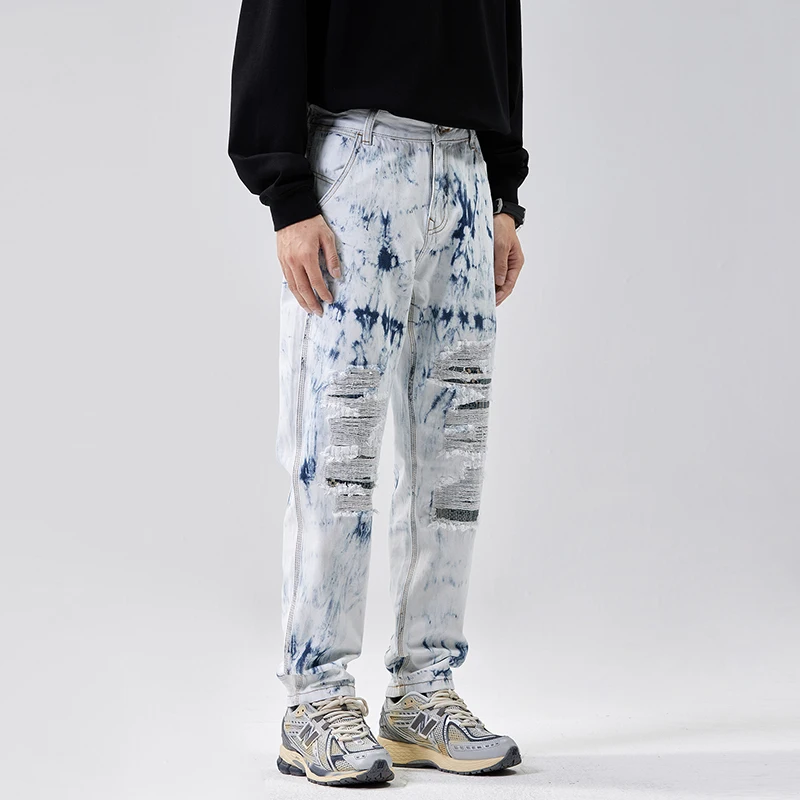 Fashion Long Pants Men's Design Sense Niche Hole & Patch Loose Personality Party Street Washed High Street Jeans