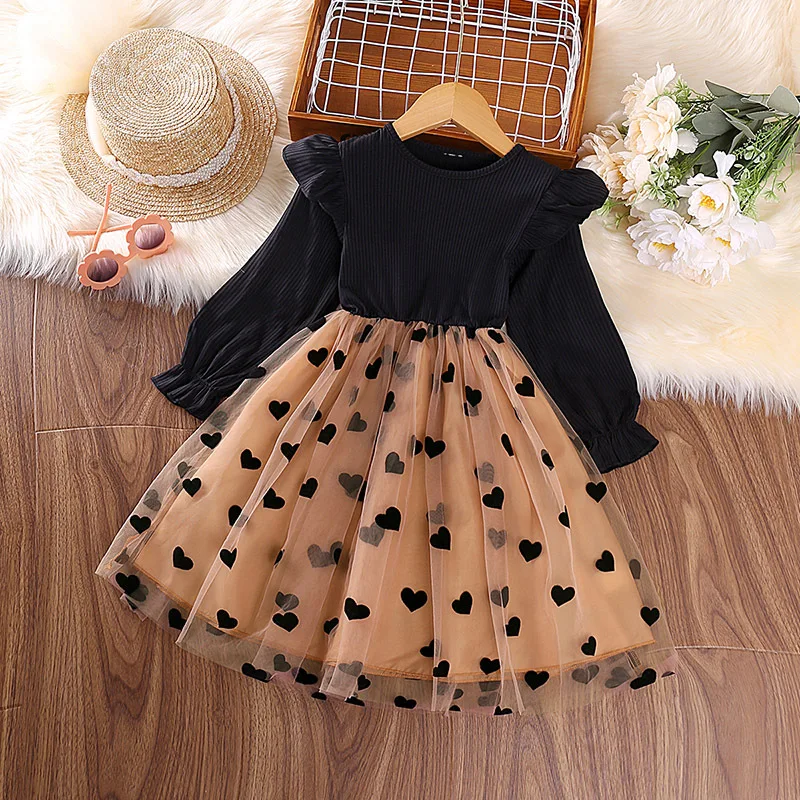 

Laura Kors 2023 Winter New Girls Dress Long Sleeve O Neck Ruffles Print Heart Black Girls Dress Vestido 4-7T