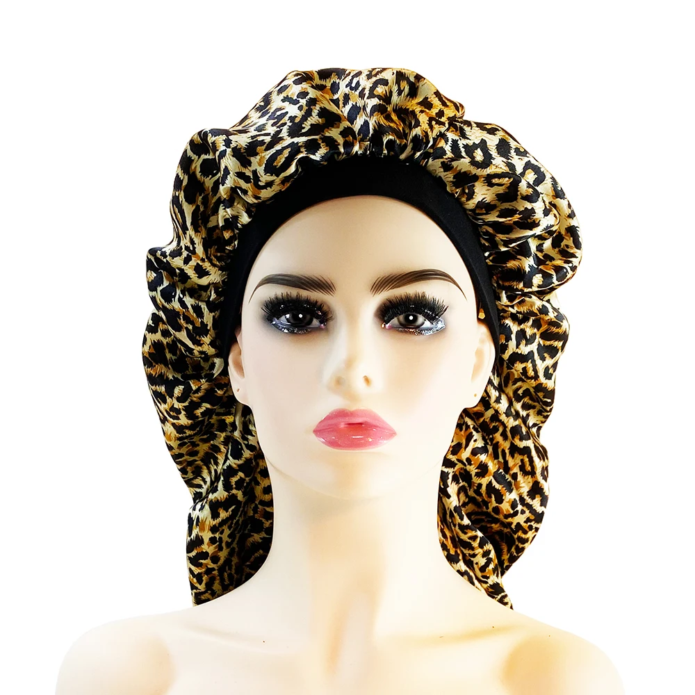 Satin Bonnet Cap Night Sleep Hat Wide Elastic Bands Long Hair Care Wrap For Women Leopard Print 5