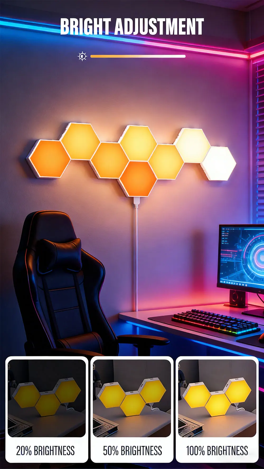 Smart RGB Hexagon LED Wall Panels USB Powered – DIY Modular Ambient Lighting, Color Changing, Dimmable with App & Music Sync for Gaming Room