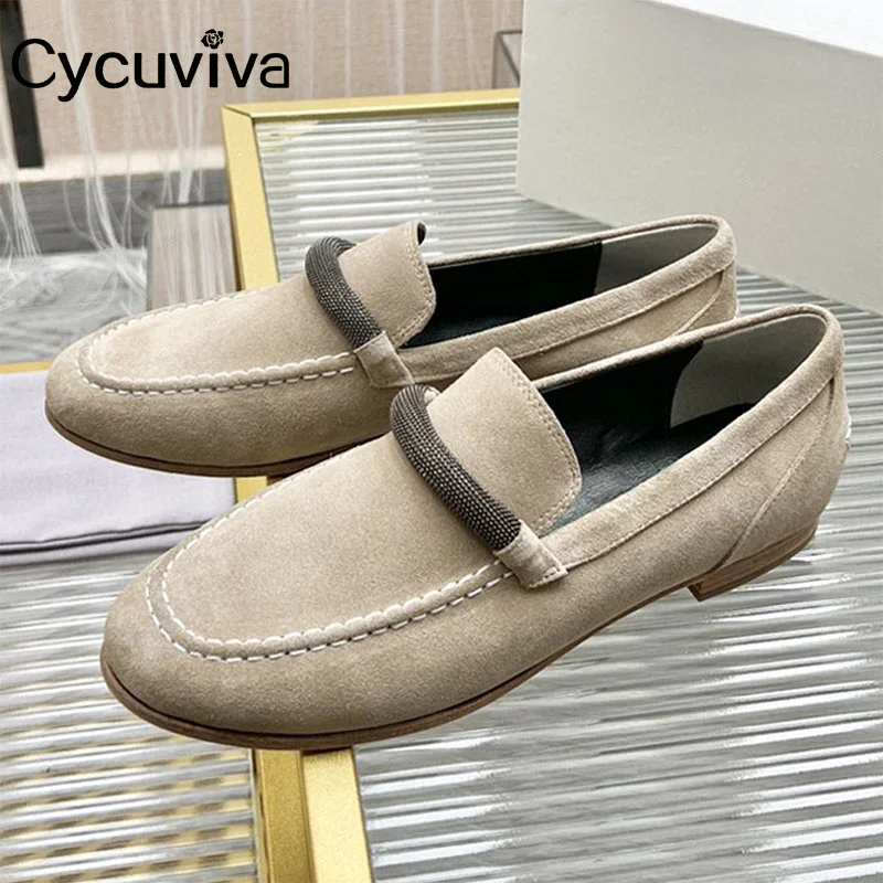 

2023 Hot Cow Suede Leather Flat Casual Shoes For Women Round Toe Low Heel Sneakers Slip On Brand Loafers New Spring Mules