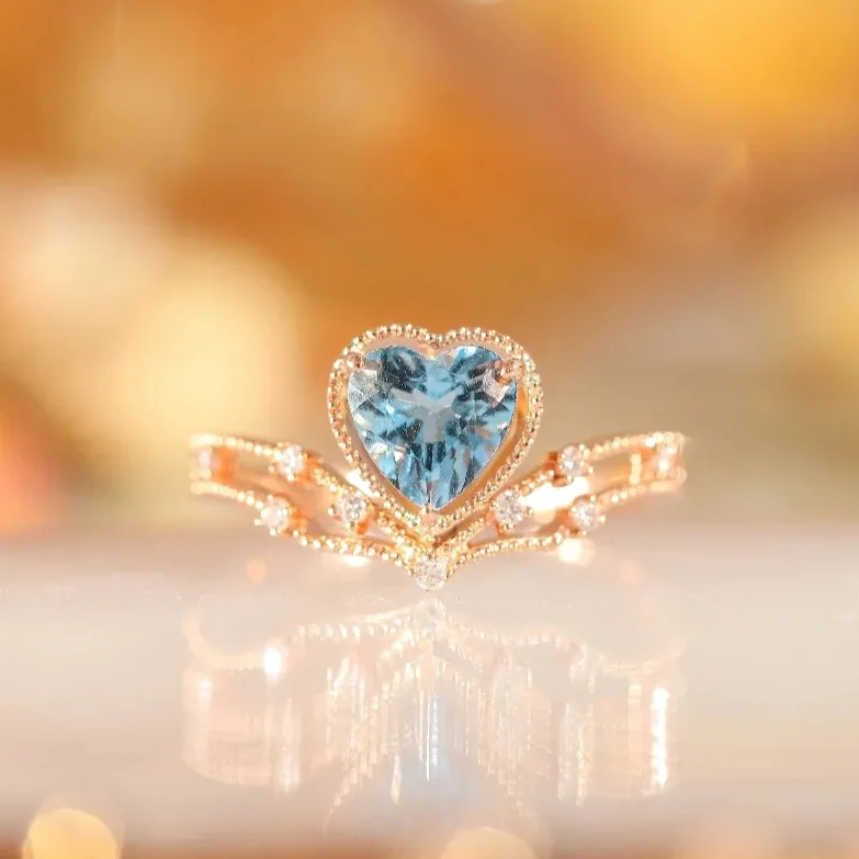 

Douyin live broadcast drainage welfare color treasure open ring ins wind Santa Maria topaz blue heart-shaped ring female