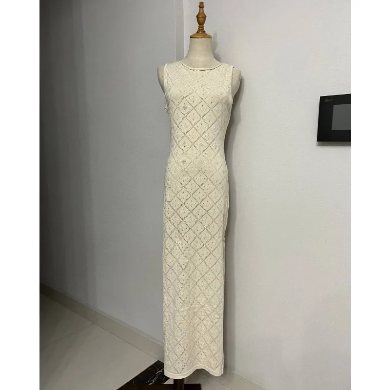 Vestido largo sexy sin mangas con aberturas para mujer, vestido de malla con abertura alta para playa y vacaciones, vestido de punto de retazos para otoño
