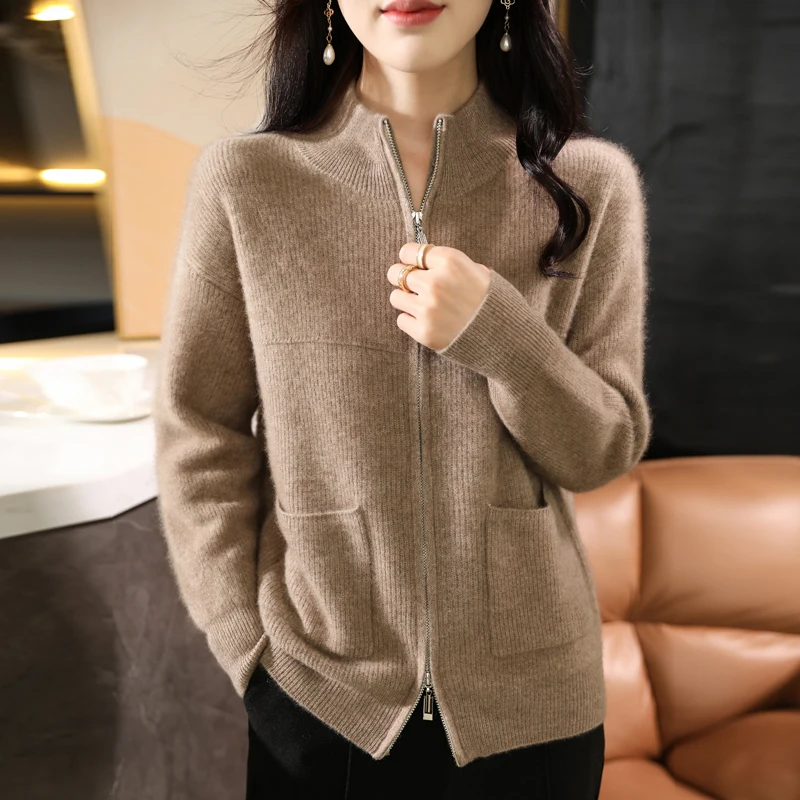 New 100% Merino wool autumn/winter women's sweater half turtleneck zip-up cardigan fashion pocket warm bottom knit coat top - Image 5