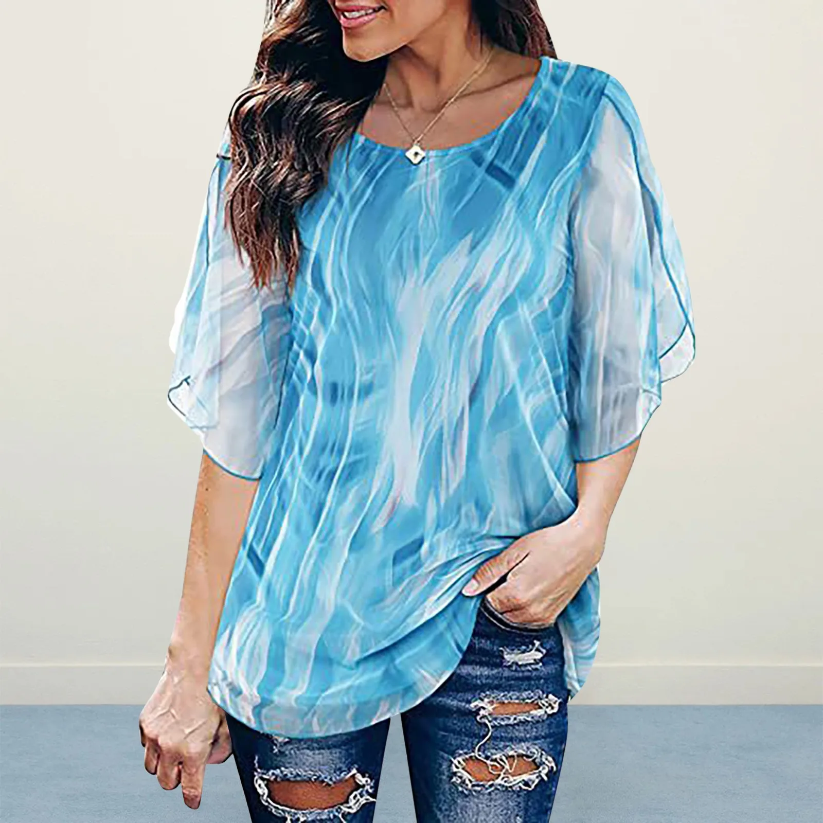 

Повседневный летний укороченный топ с принтом для женщин, блузка с круглым вырезом и рукавом до локтя, топ, свободный элегантный топ, эластичные рубашки, женская одежда для отдыха