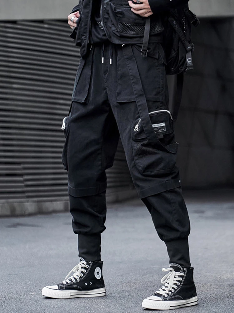 HOUZHOU-pantalones Cargo negros para hombre, ropa de calle coreana, Hip Hop,  algodón japonés