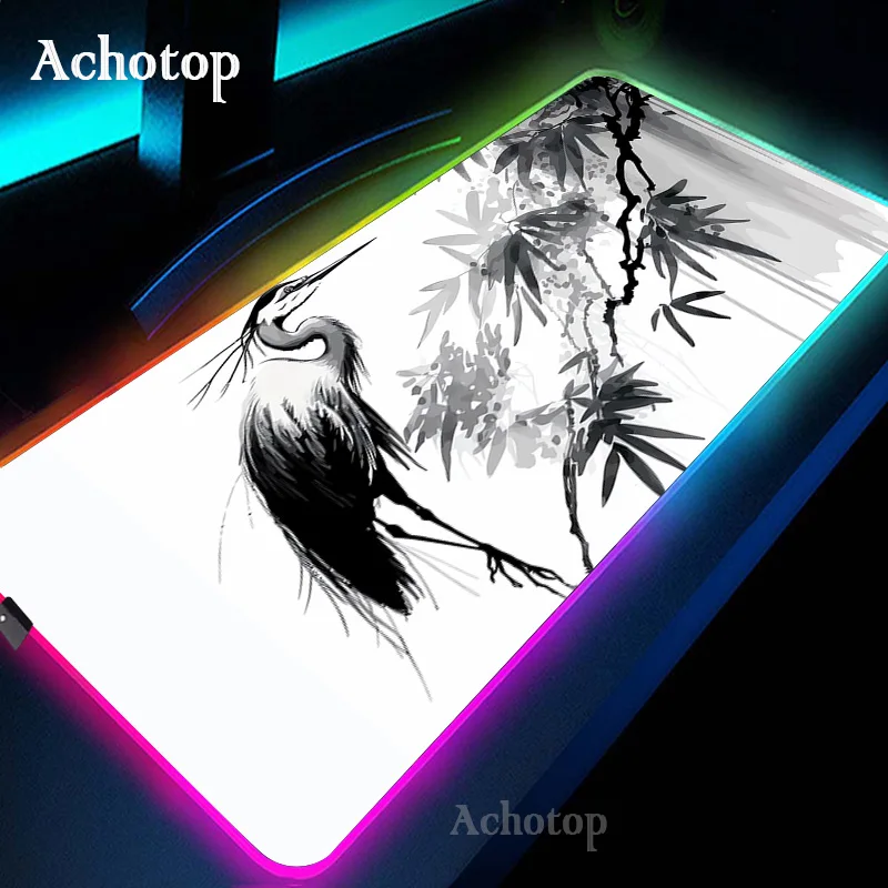 thumbnail image 1 of Alfombrilla de ratón para ordenador portátil RGB en blanco y negro, alfombrilla de ratón para juegos, alfombra grande con teclado de montaña Serenity, alfombrilla de escritorio LED de 100x50 con retro, 1 of 5