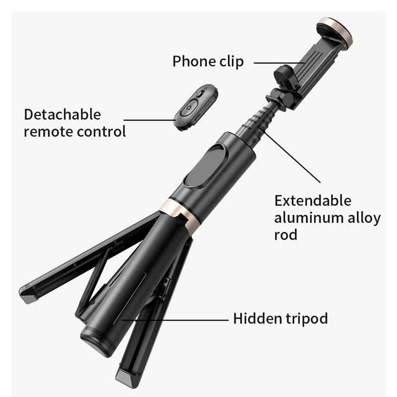 Wireless Bluetooth Selfie Stick Tripod Hidden Design Reinforced Aluminium Alloy Adjusted Selfie Rod with Phone Clip Holder