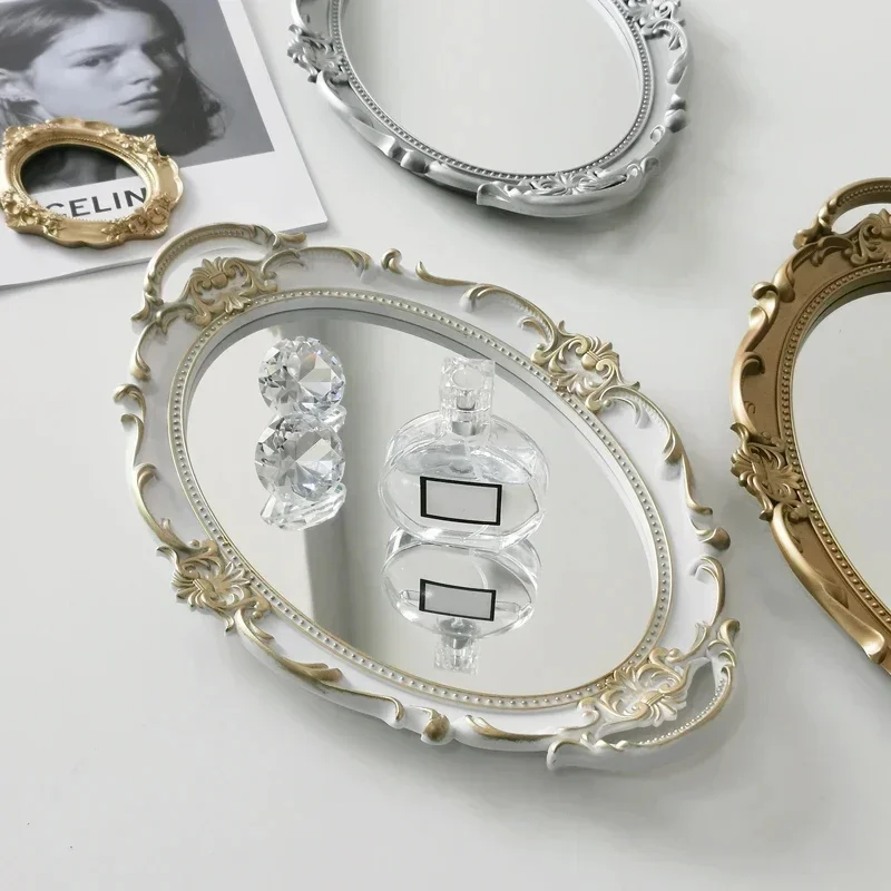 European Decorative Plate Storage Tray Portable Oval Plate Jewelry Display Decor Candy Tray Vintage Make Up Mirror