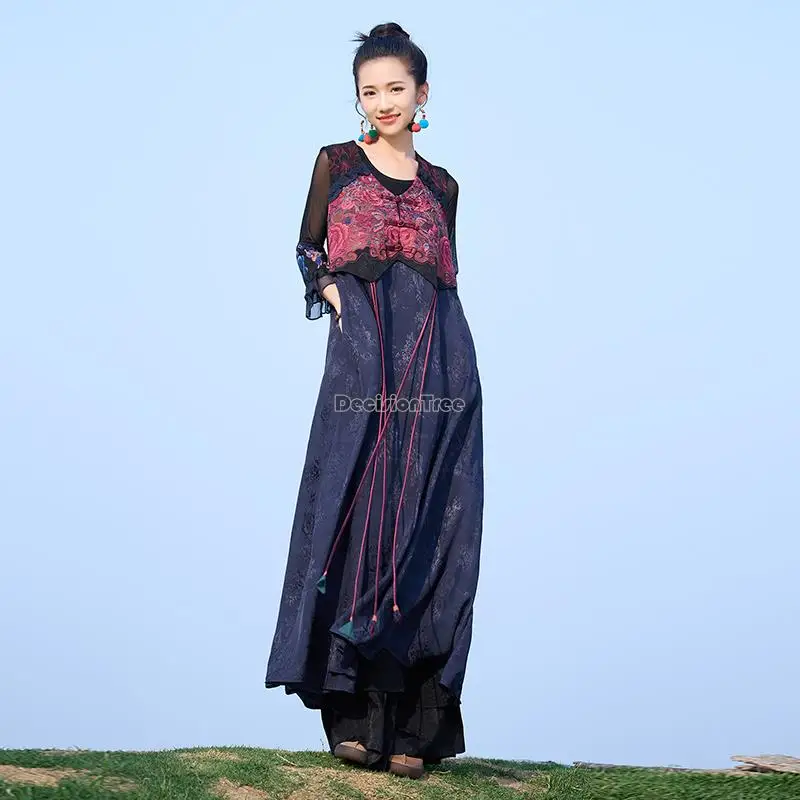 

2023 new women dress chinese national style embroidery craft jacquard splicing design sleeveless loose retro elegant dress s729