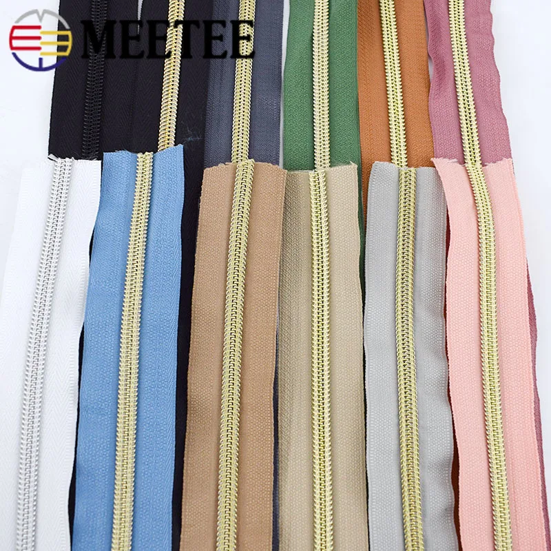 10/20/30m Silver Gold Teeth 5 Nylon Zippers Sewing Bags Plastic Coil