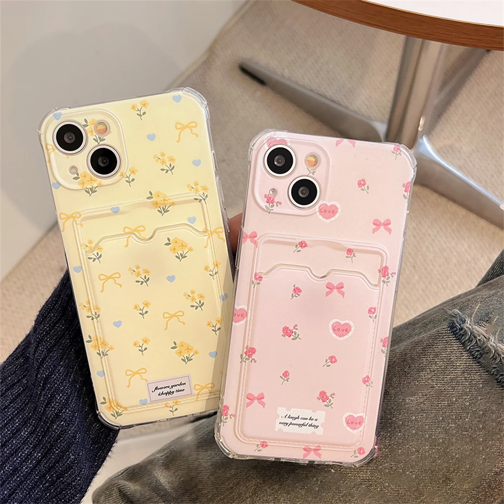 Clmj Korean Cute Love Heart Flower Card Hold Phone Case - Anti-Fall