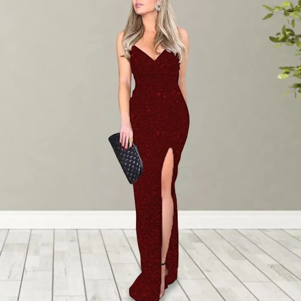 

Women Evening Dress Shiny Sequin Deep V Neck Adjustable Spaghetti Strap High Split Hem Slim Fit Floor Length Ball Gown vestido