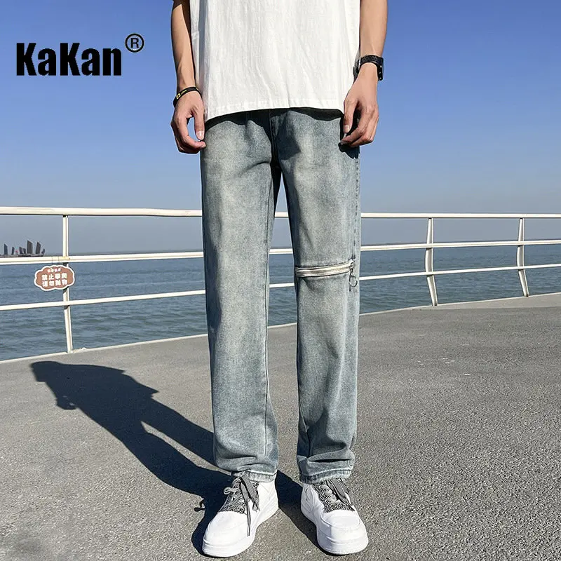 Kakan - European and American New Men's Knee Zipper Jeans, Loose Straight Fit Versatile Wide Leg Long Jeans K24-KJ516