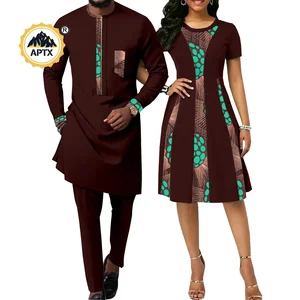 African Attire for Clothes Women Print Wax Crew Neck Dress with Men Dashiki Long Vest Shirt& Pants Sets Y22C055