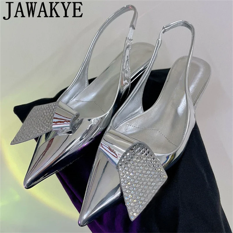 

2024 Summer Pointed Toe Slingbacks Crystal Sandals Women Brand Patent Leather Low Heel Sandalias Fashion Party Dress Shoes Femme