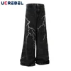 Lightning  Embroidery Jeans Mens High Street Washed Distressed Loose Wide leg Denim Pants Men Trousers 1