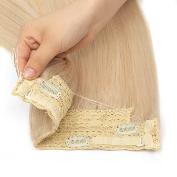 MRSHAIR Invisible Wire Line Clip in Human Hair Extensions One Piece Straight Blonde Natural Hair Extensions 12"-24" Fish Line